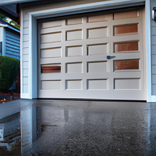 Modern residential garage door on a waterfront Yarrow Point driveway at dawn, no people.