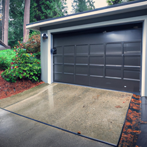 Lakefront Yarrow Point home with a modern steel garage door partially open on a damp, overcast day.