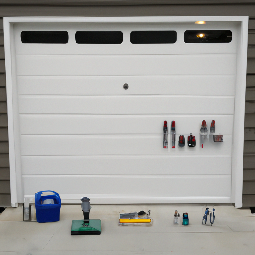 Modern garage door with maintenance tools neatly arranged in front in Yarrow Point, WA