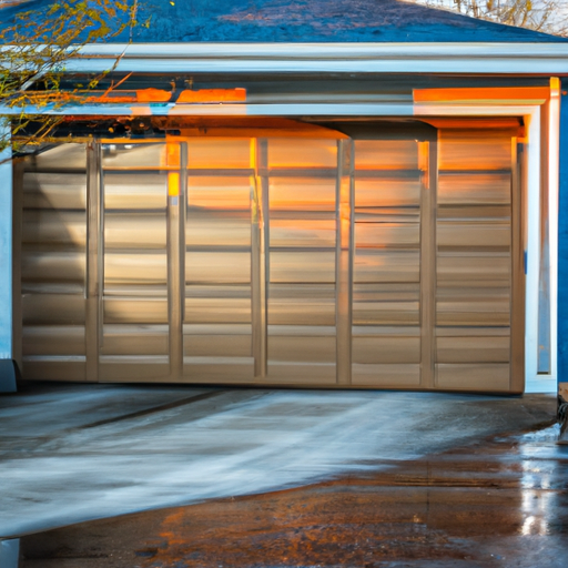 Waterfront Yarrow Point home with a sectional garage door partially open, showing tracks and cedar siding at golden hour.
