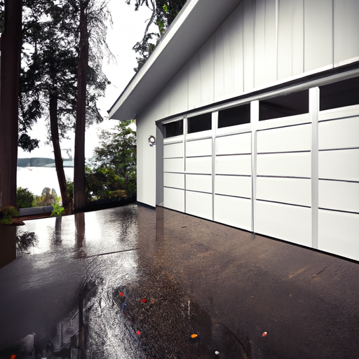Closed sectional garage door at a Yarrow Point home on an overcast day, wet driveway and shoreline in background.