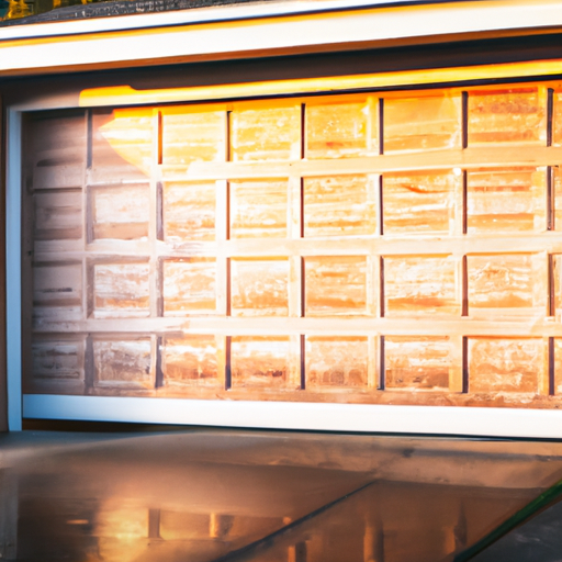 Suburban garage door at golden hour with wet pavement and shoreline hints in Yarrow Point, WA.