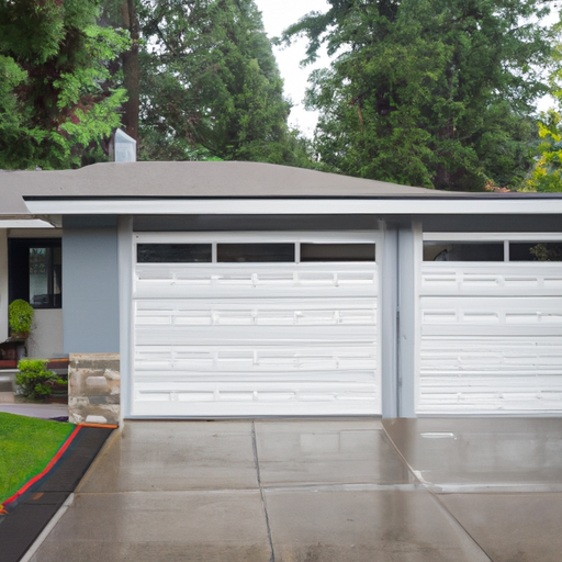 Residential sectional garage door on a mid-century home in Yarrow Point, WA with visible tracks and wet pavement.