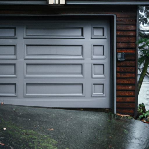 Frontal view of a modern paneled garage door at a lakeside Yarrow Point home with cedar trim and a wet driveway.