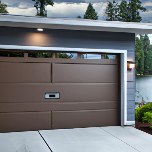 Modern insulated garage door with smart opener on a Yarrow Point, WA home under overcast sky, lake blurred in background.