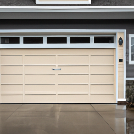 Sectional garage door on a Yarrow Point house exterior on an overcast day, wet pavement reflecting light.