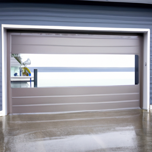 Modern garage door on a waterfront Yarrow Point street, wet pavement and visible weather seals.