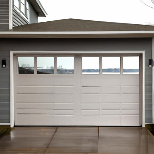 Insulated sectional garage door on a Yarrow Point, WA waterfront home under overcast sky with wet driveway.