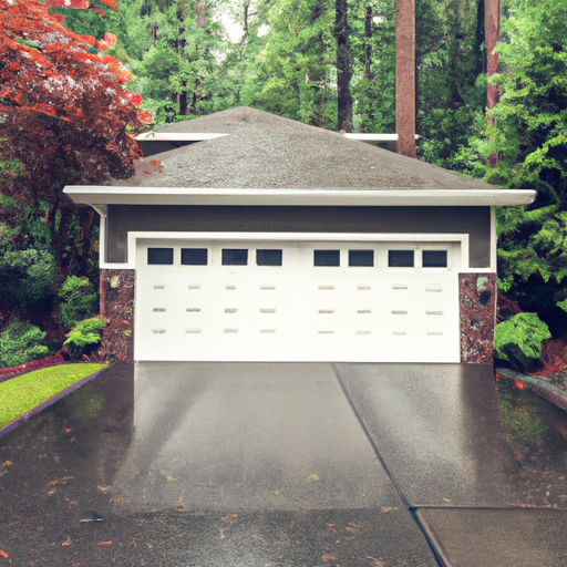 Residential sectional garage door in Yarrow Point, WA on a rainy overcast day, driveway and trees visible.