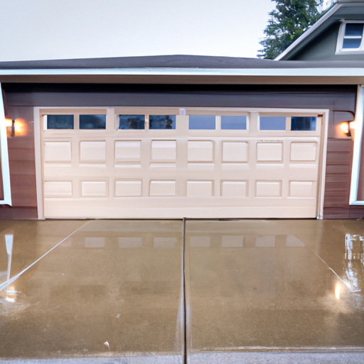 Wide-angle view of a modern residential garage door in Yarrow Point, WA with wet driveway and cedar siding, no people.