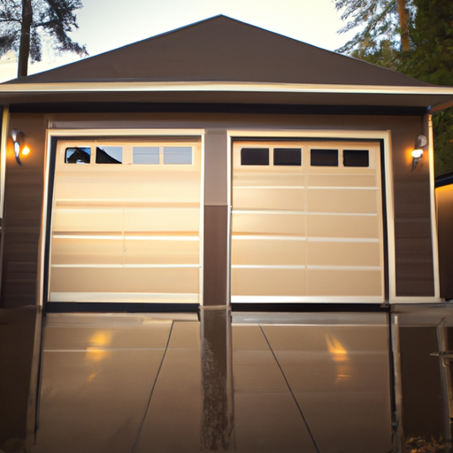 Insulated sectional garage door on a Yarrow Point home at dusk with cedar siding and wet driveway visible.