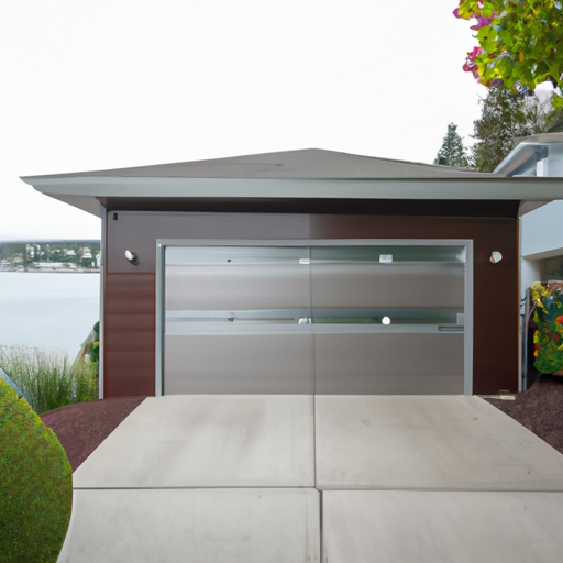 Painted sectional garage door on a waterfront Yarrow Point home with cedar siding and driveway visible, overcast daylight.