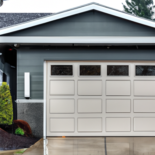 Exterior view of a residential garage door in Yarrow Point, WA on a rainy day with Pacific Northwest landscaping.