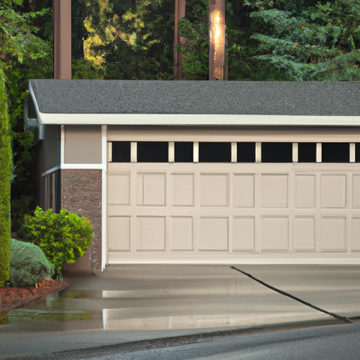 Sectional garage door on a waterfront Yarrow Point house at soft morning light, showing panels and surrounding evergreens.