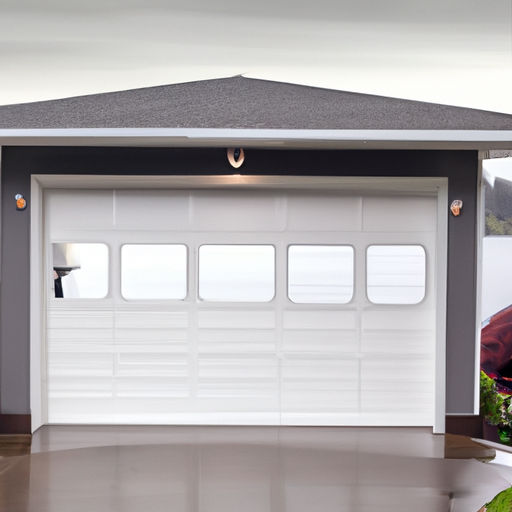 Modern garage door closed on a waterfront Yarrow Point home, overcast Pacific Northwest light, door and hardware visible.