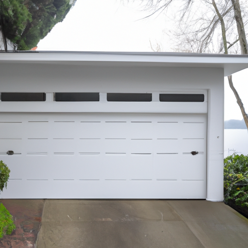 Modern white sectional garage door on a Yarrow Point house with shoreline in the background