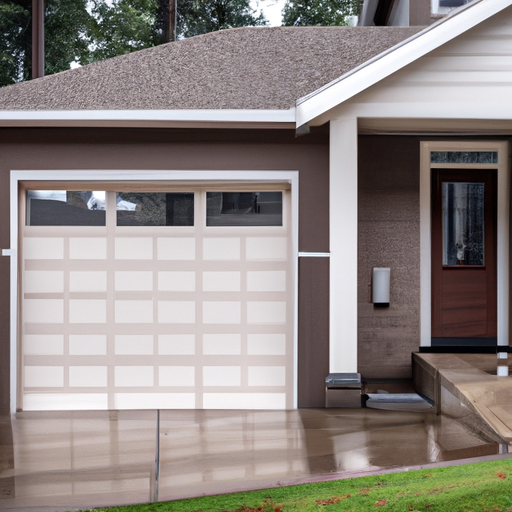 Suburban Yarrow Point home with a visible modern garage door and opener housing, wet driveway under overcast sky.