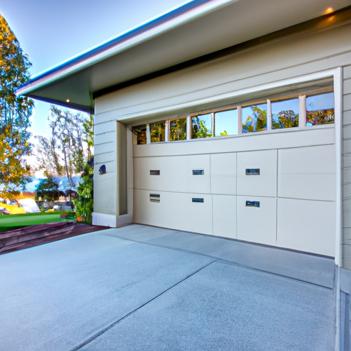 Sectional garage door on a Yarrow Point, WA residence with evergreen landscaping and driveway, daylight scene.