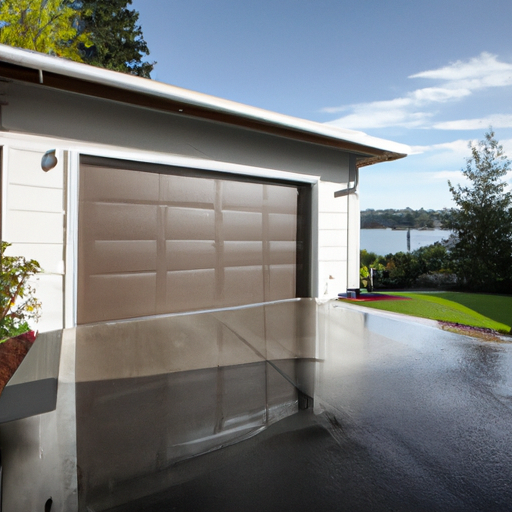 Contemporary closed garage door with visible weather seals, wet pavement, and Lake Washington view in the background.