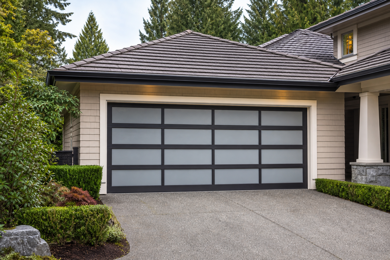 Modern insulated garage door on a quiet Yarrow Point home driveway